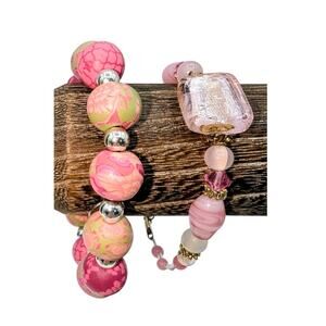 Lot of Two Pink Jilzara Clay Bead Stretch & Lamp Work Glass Bead Bracelets